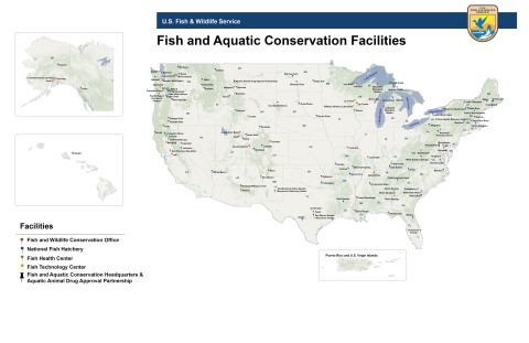 A map of the United States with Hawaii and Alaska maps subset to the left of the larger U.S. map. There is a Legend titled Facilities in bottom left corner with five types of facilities listed below the Facilities title. Each type of facility has a different color icon. These icons are throughout the map indicating the locations of each facility type. 