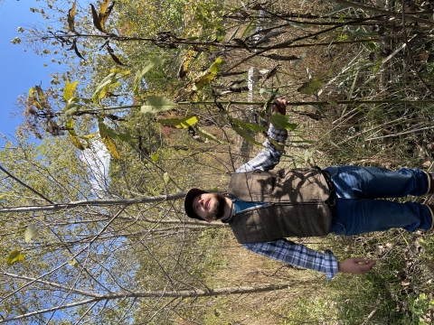 man in a vest peers at a tall marsh plant that towers above him