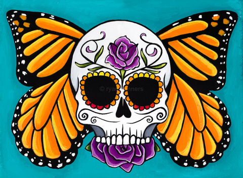 a decorative skull with orange and black monarch wings and purple flowers