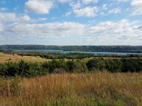 Red and green prairie grass in foreground with river in background