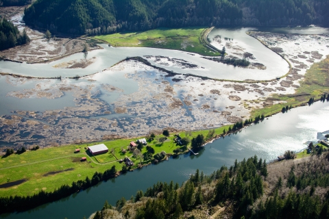 Aerial view of the Siuslaw River's Duncan Island at King Tide showing wetlands and structures. 