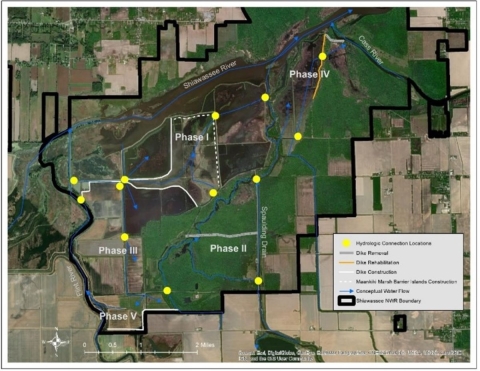 Conceptual map of coastal wetland restoration and hydrologic reconnection project at Shiawassee National Wildlife Refuge, Saginaw, Michigan.  Photo Credit: Eric Dunton/USFWS