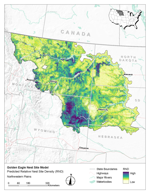 Map of modeled golden eagle relative nest site density in the Northwestern Plains