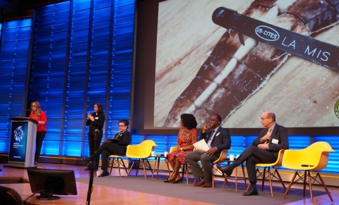 Several people sit on a stage and one is at a podium. 