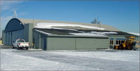 Ground lever view of a hanger on Lake Hood, Anchorage, AK. 