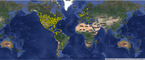 Map of Motus tower locations as of May 2023