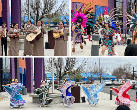 A phot collage of the traditional dancers and performers can be seen. In the top left, a marachi band is seen in beigh outfits. In the top right, dancers in colorful outfits and feathered head-dresses can be seen, and on the bottom, dancers in swing dresses can be seen. 