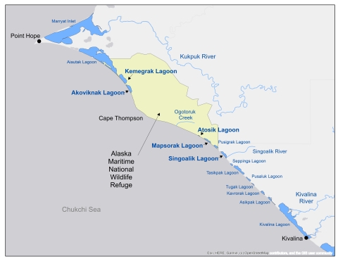 A map of the Alaska Maritime Wildlife Refuge, with five lagoons -- Kemegrak, Akoviknak, Atosik, Mapsorak, and Singoalik -- highlighted.