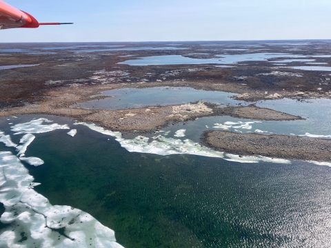 aerial view of open water and trees on the landscape