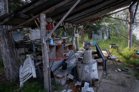 A color photo of Chief Rhonda Pitka's grandmother's fish camp, which has been abandoned for four years due to a lack of salmon on the Yukon River. Buildings are weather-beaten, some laying across the grass while small belongings are strewn on the ground. Boards and metal sheets lay askew beneath the deep green trees.