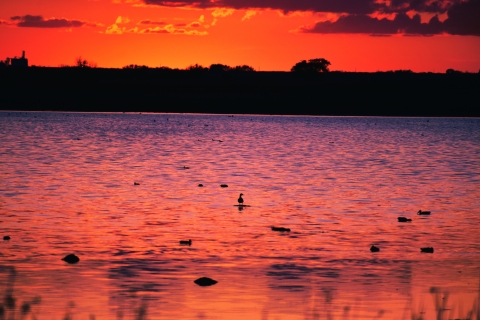 beautiful orange and pink sky at sunset reflects on a lake