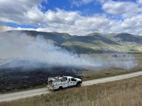 A FWS fire truck parked on a road next to a partially burned field. 