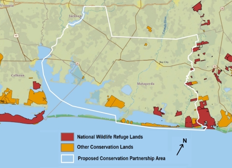 A map of Big Boggy National wildlife refuge and surrounding area showing other conservation lands and the proposed conservation partnership area