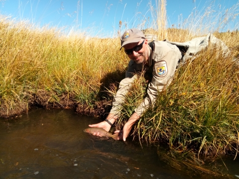 U.S. Fish and Wildlife Service biologist hold Paiute cutthroat trout over stream