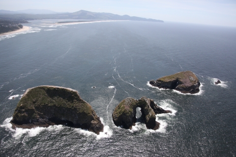 The Pacific Ocean crashes around the bases of three huge, arched, grassy islands 