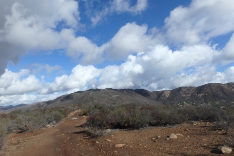 Mountain top with coastal sage scrub and a cloudy sky.