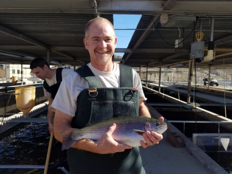 a man in waders hold a rainbow trout