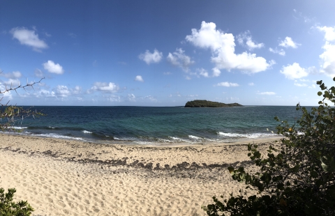 A white sandy beach with an island in the distance.