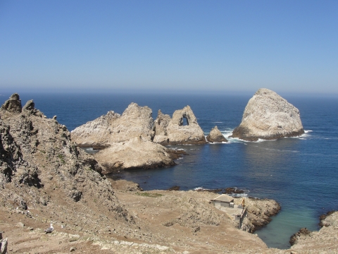 Steep rocky islands surrounded by the ocean