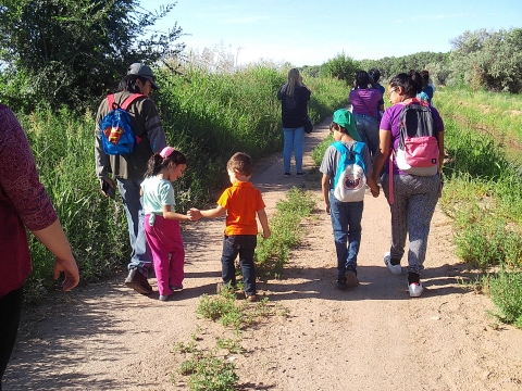 people walking and bird watching. children holding hands. 