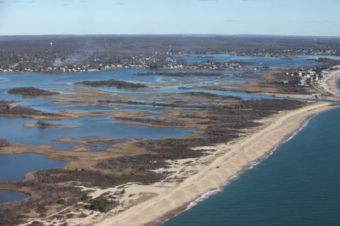 Aerial view of coastal barrier beach. 