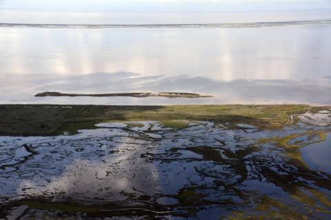 Aerial photo of a flooded portion of San Bernard National Wildlife Refuge near the Texas coast.