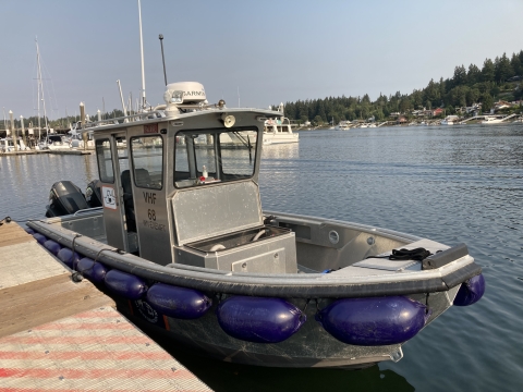 Pierce County's Mobile Pump-out boat docked in Gig Harbor