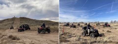 2 photos: On left, UTV riders head uphill; on right, UTV riders on obstacle course