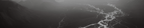 A black and white, aerial photo of a braided river on the Coastal Plain