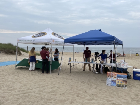 people gather under two shelters on a sandy beach with a cloudy sky behind