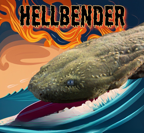 A photoshopped image of an eastern hellbender riding a cartoon surfboard on a wave with flames in the sky."hellbender" is written at the top in Horror B-movie poster font style.