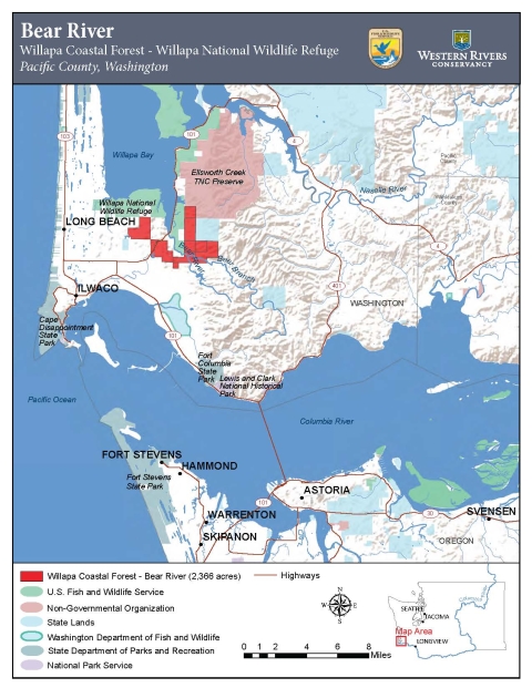 A map showing newly acquired lands added to Willapa National Wildlife Refuge