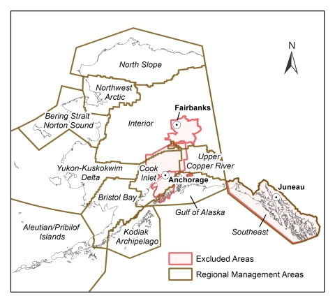 Map of state of Alaska showing regional management areas and excluded areas for the spring summer migratory bird subsistence harvest.