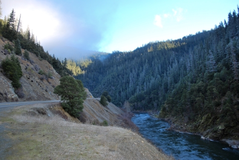 A river runs alongside a road. Trees and mountains in the distance. 