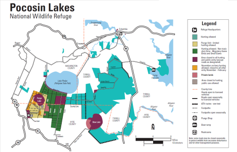 A complex map of Pocosin Lakes National Wildlife Refuge showing refuge roads and trails, management units, and surrounding communities. For accessibility please call 252-796-3004.