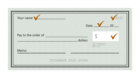 A bank check graphic with check marks at the name, date, check number, and amount.