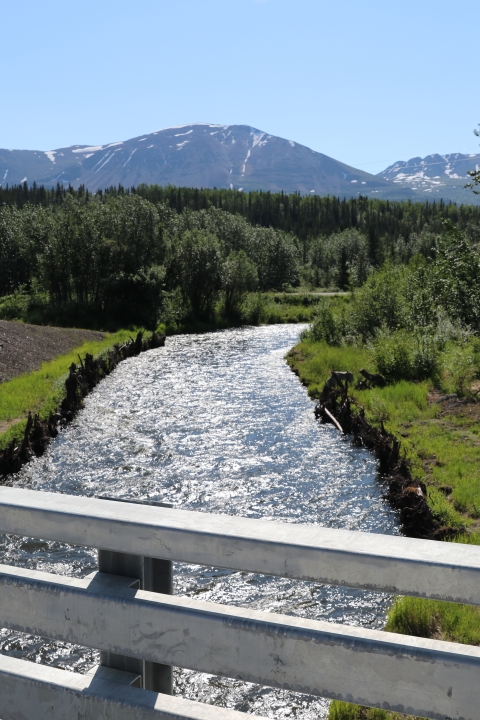 looking at a river from atop a bridge with mountains in the backgroun