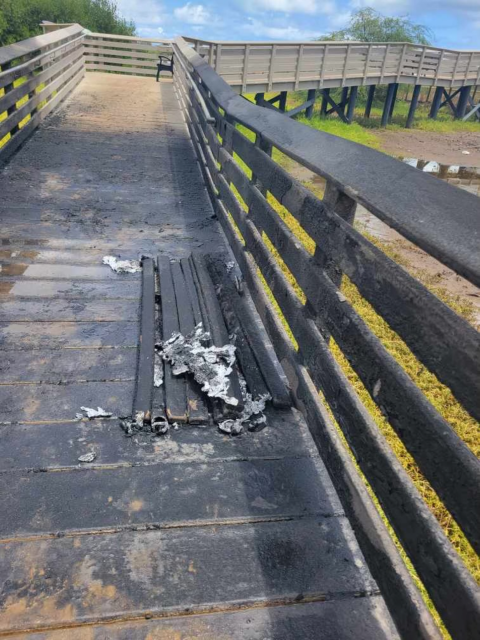 Burned boardwalk at Betty Bliss overlook ramp