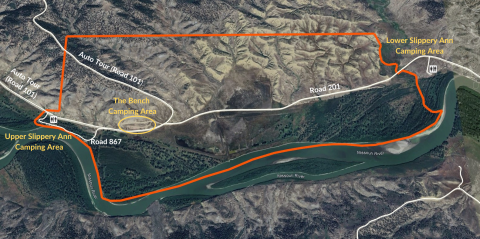 Map showing Elk Viewing Area outlined in orange and facilities.