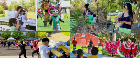 A collage of photos of people enjoying the outdoors in various ways such as cooking, hiking, traditional dancing, zumba, beekeeping.