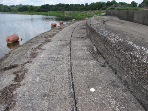 Curved cement infrastructure with green trees and a lake in distance