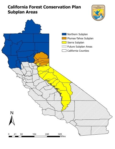 a map of california that shows three subplans currently under development for forest fuels reduction work. One subplan consists of counties north of the central valley. One subplan consists of butte, sierra, plumas, nevada and yuba counties. One subplan consists of counties south of nevada county along the sierras to fresno.