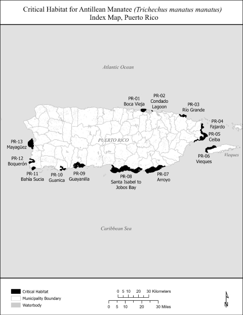 Map of Puerto Rico with proposed critical habitat for Antillean manatee.