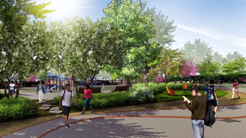 a design rendering showing students walking among trees and green spaces