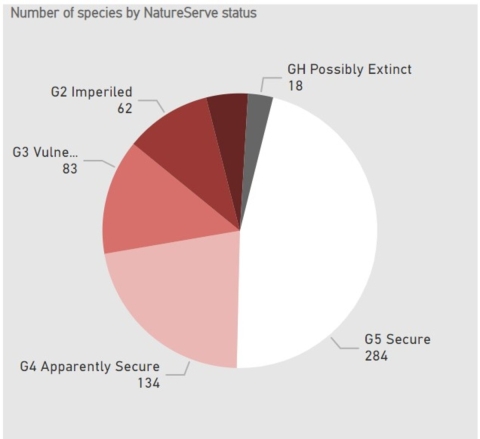 Pie chart of number of species by NatureServe status