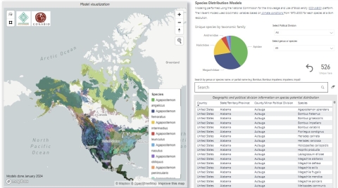 Map of North America with different colors for bee species distribution. A pie chart and list of species is on the right.