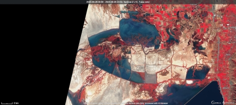 A satellite image depicts the presence of water on the Bear River Migratory Bird Refuge dated September 28, 2024.