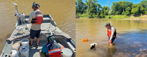 Left image, two men standing on a boat preparing a fish trap. Right image man standing in brown water next to a fish trap.