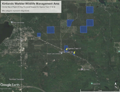 Map showing the location of the Kirtland's Warbler Wildlife Management Area vicinity map of the right-of-way renewal request for Ogema Tracts 17 and 32. It is located about 2 miles east of St. Helen, MI along the pipeline.