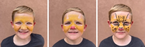 three images of a blond child showing the progression through steps to create an ocelot face paint look.